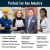 Images of 4 professionals wearing customized name tags within their respective industry settings