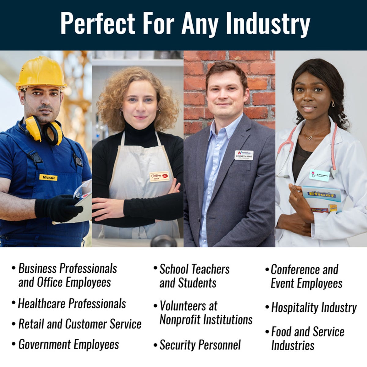 Images of 4 professionals wearing customized name tags within their respective industry settings