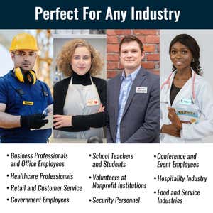 Common industries where name tags are often used - 4 professionals shown within their respective industry settings