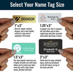 Infographic featuring 4 name tags in available sizes held in hand for better size perspective