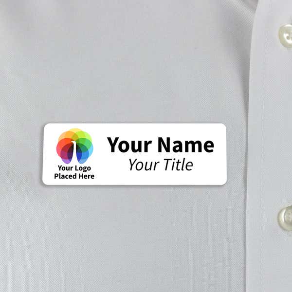 A Full Color Custom Name Tag - 1" x 3" on a off-white material background