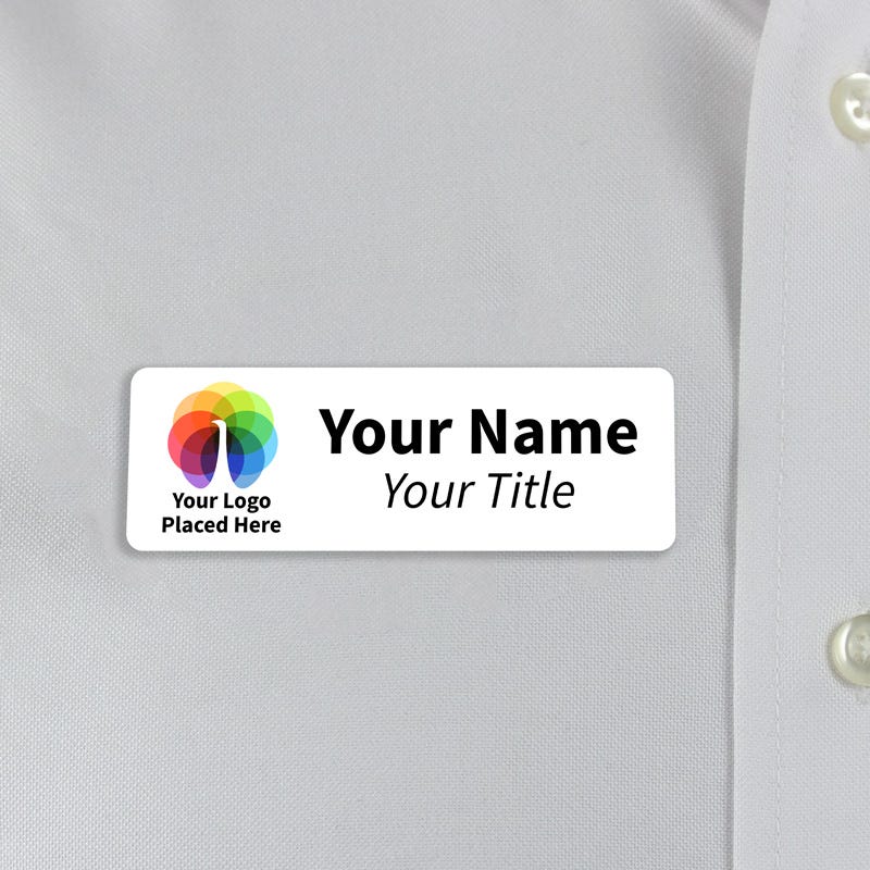 A Full Color Custom Name Tag - 1" x 3" on a off-white material background