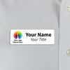 White 1x3  inch name tag - sample template - worn on a off-white dress shirt for size perspective
