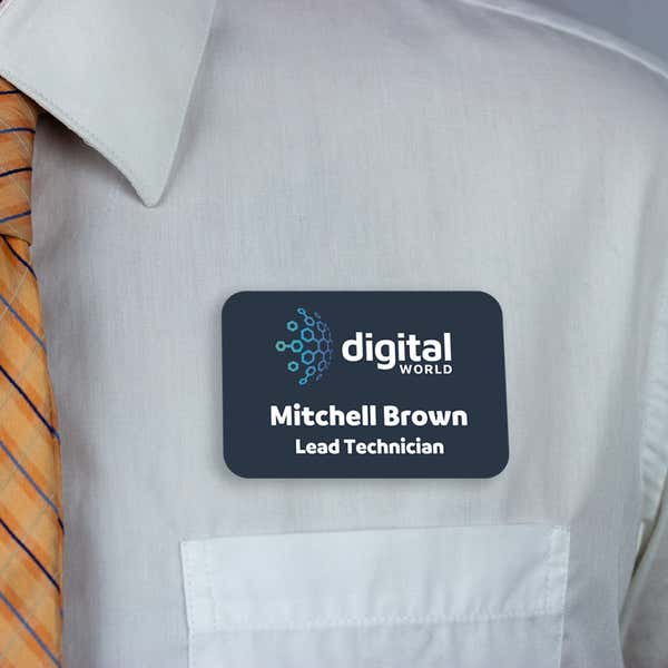 Example name tag - lead technician - worn on a dress shirt above the pocket