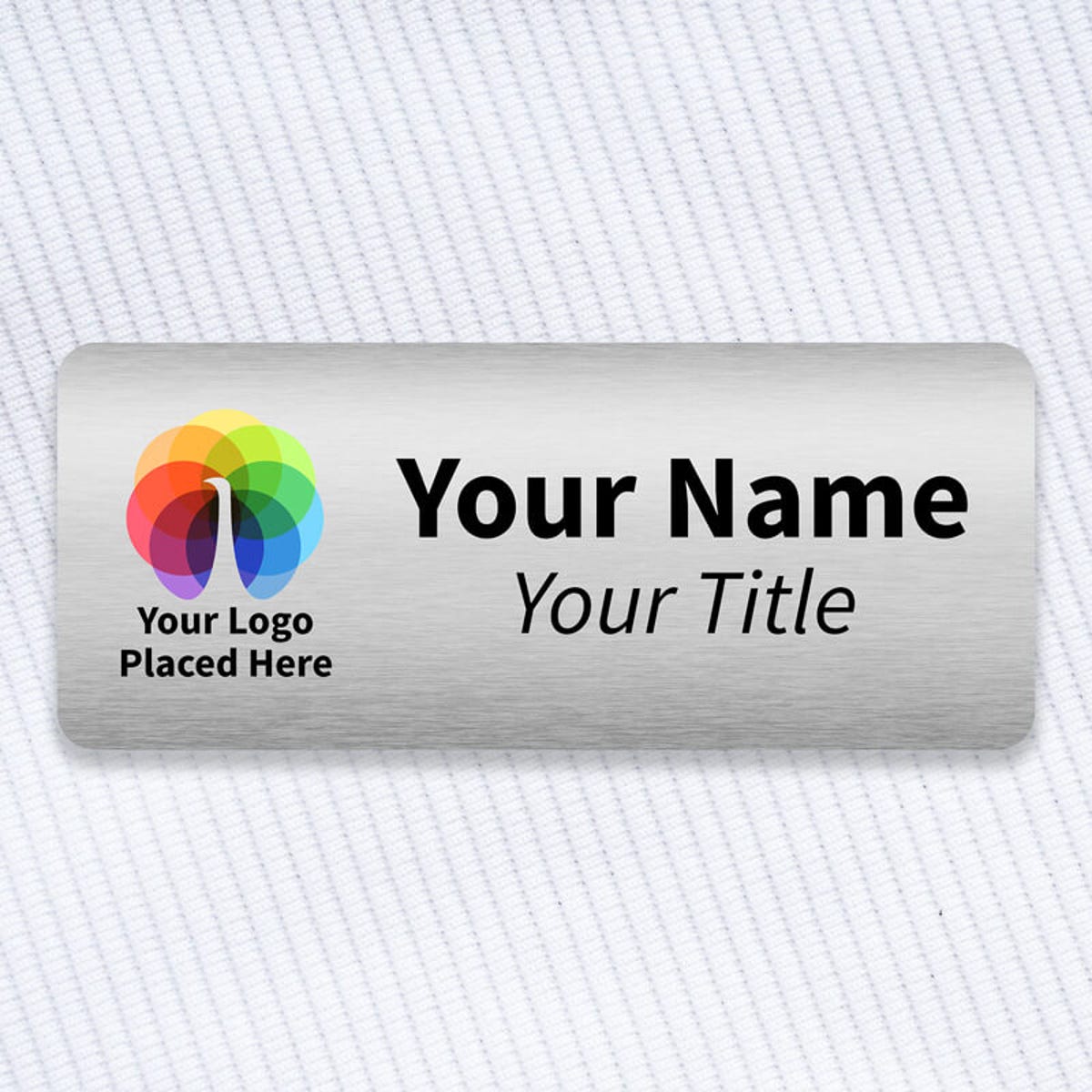 A Full Color Custom Name Tag - 1.5" x 3.5" on a off-white material background