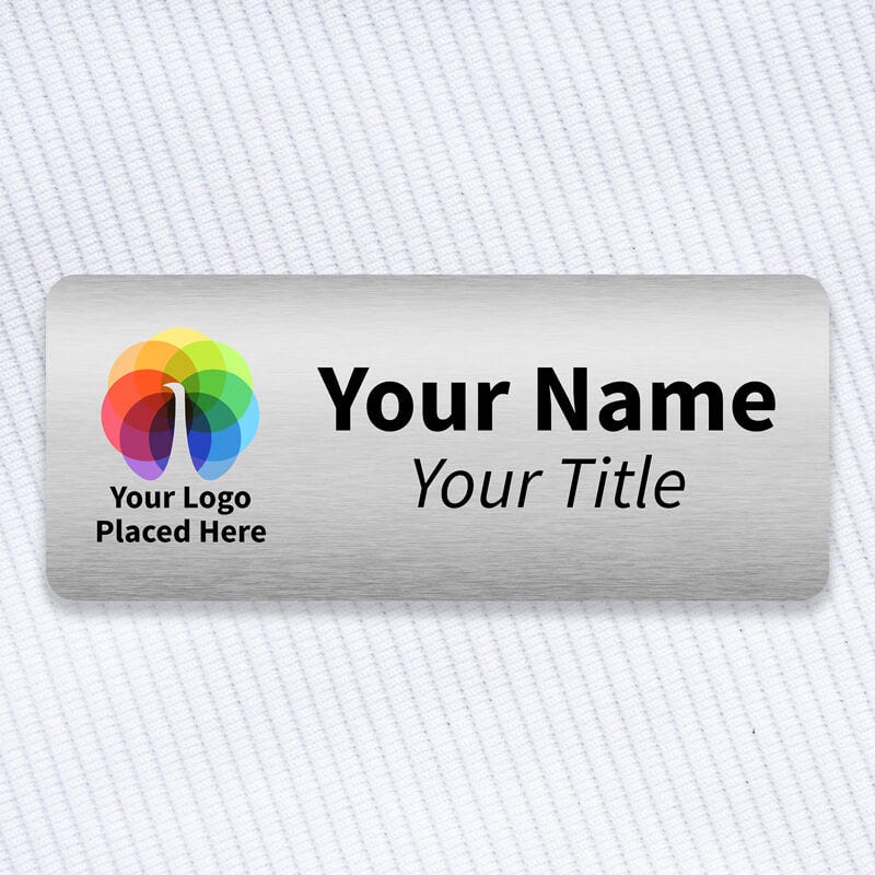 A Full Color Custom Name Tag - 1.5" x 3.5" on a off-white material background