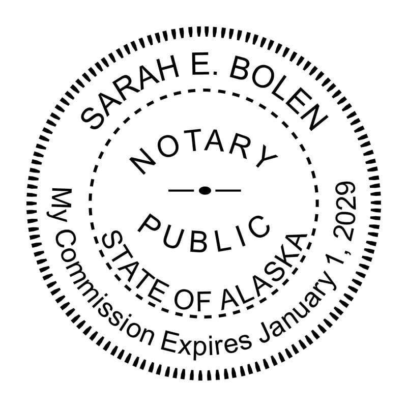 Alaska notary stamp with commission expiration date in a round seal format.