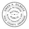 Self-inking Arkansas notary stamp with round seal. 