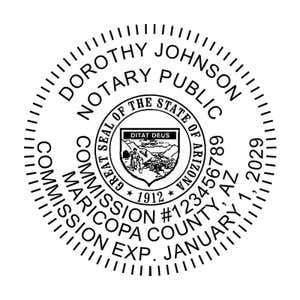 Arizona notary public stamp with state seal and custom commission details in a circular layout.