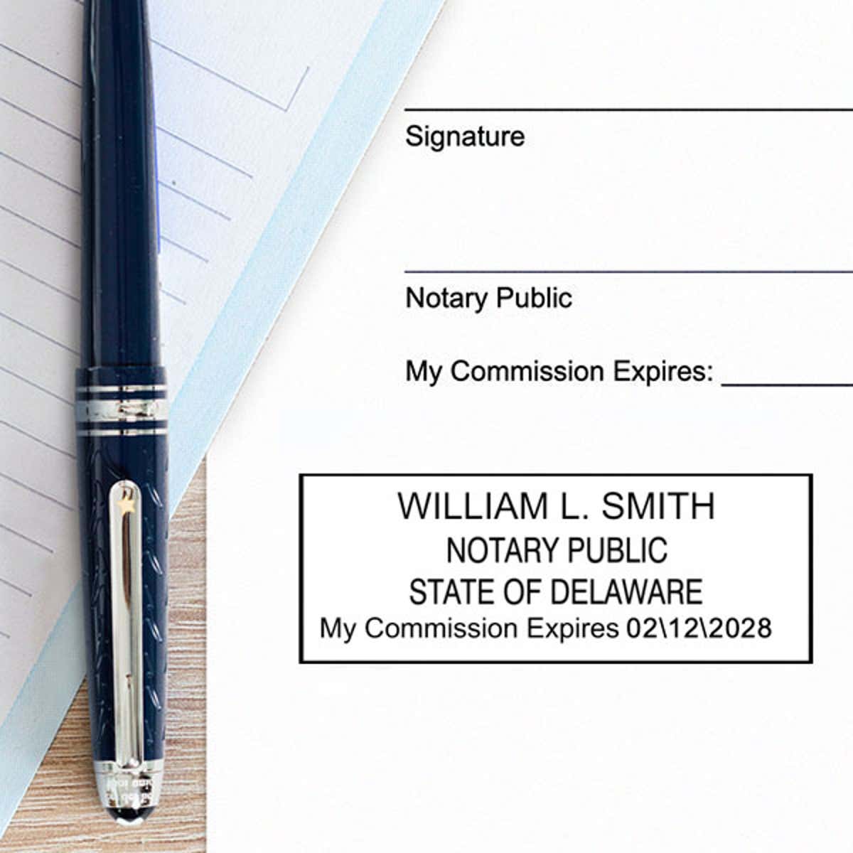 Delaware Notary Rectangle Stamp Seal on White Paper