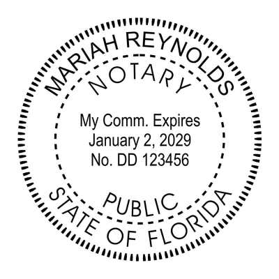 Florida notary stamp with name, commission expiration, and circular seal layout.