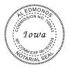 Iowa notary public seal with expiration date, name, and commission number. 