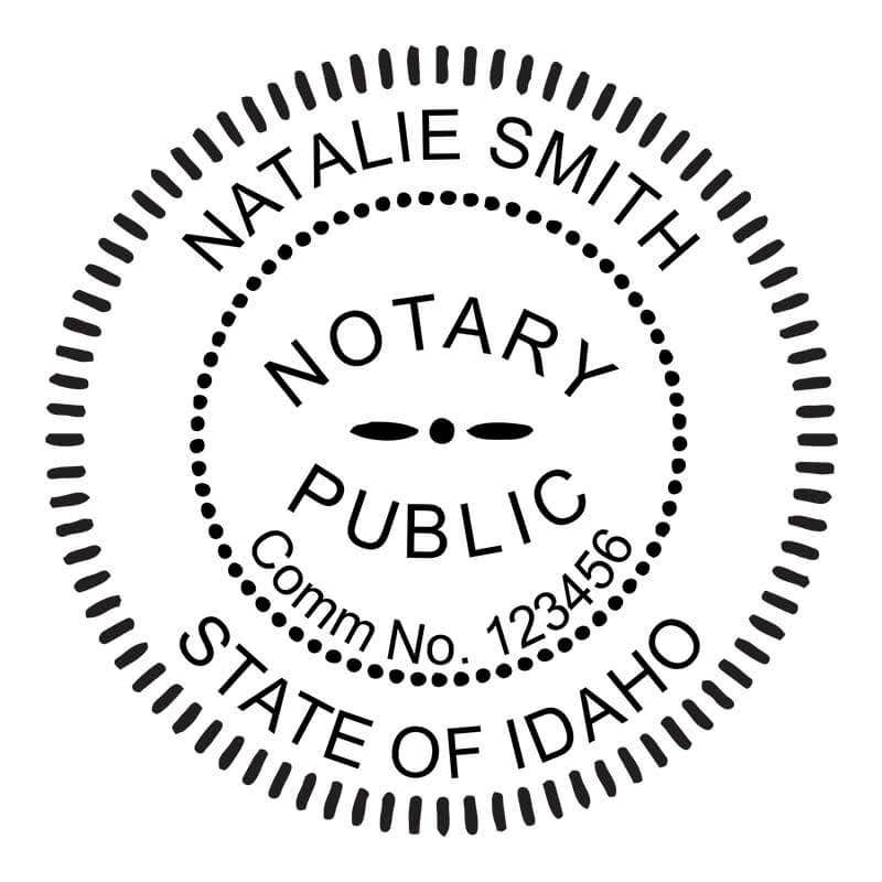 Round Idaho notary public stamp next to black and white self-inking stamp.
