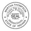 Indiana notary public stamp with custom name, commission details, and round border design.