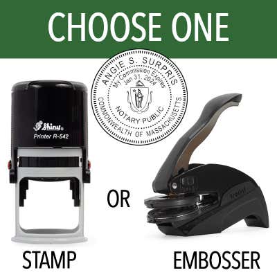 Massachusetts Notary Round Seal in black ink - available as stamp or embosser