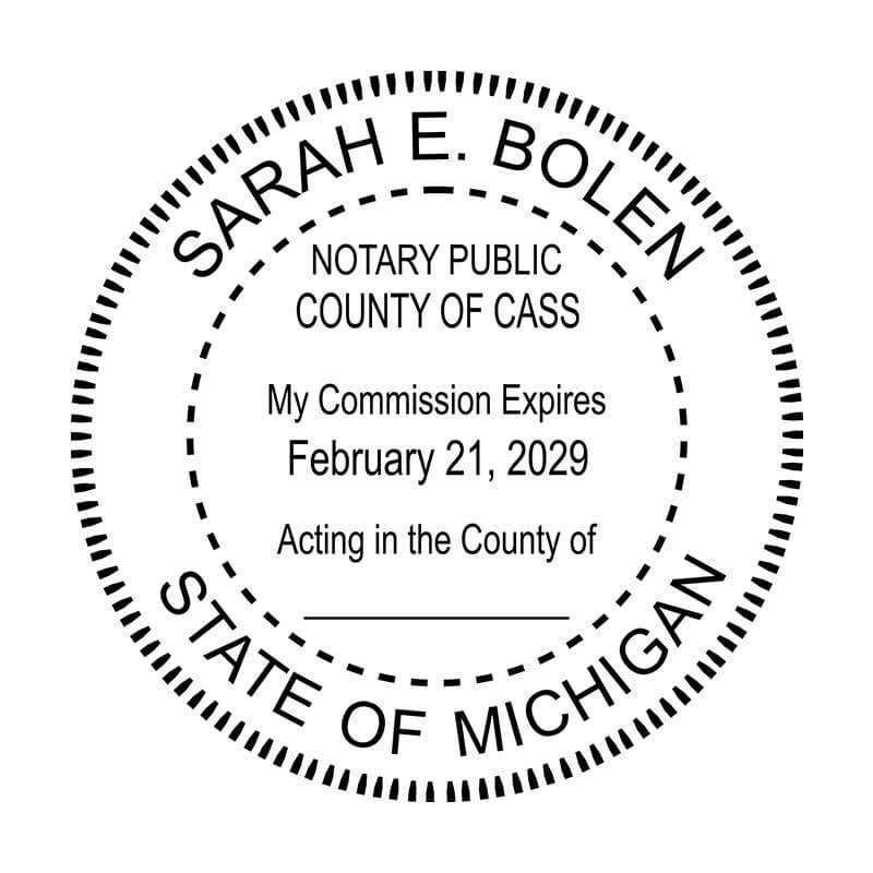 Michigan Notary Round Seal impression in black ink- Choose Stamp or Embosser
