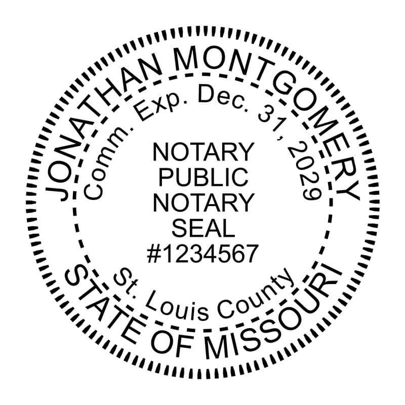 Missouri notary public round stamp seal with expiration date and county.