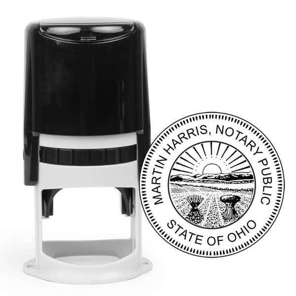 Round notary seal impression next to stamp body