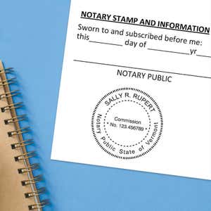 Vermont notary stamp impression on white paper on a blue notebook. 