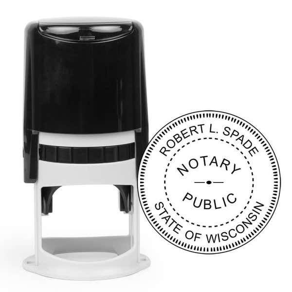 Self-inking Wisconsin notary stamp with round seal and custom name imprint.