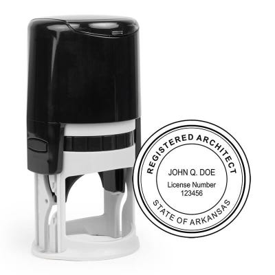 Custom Arkansas architect stamp shown with black self-inking stamp body and circular registered architect seal impression.