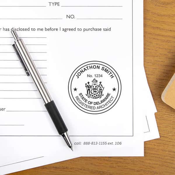 The State of Delaware Architect Seal at the bottom of a document next to a pen