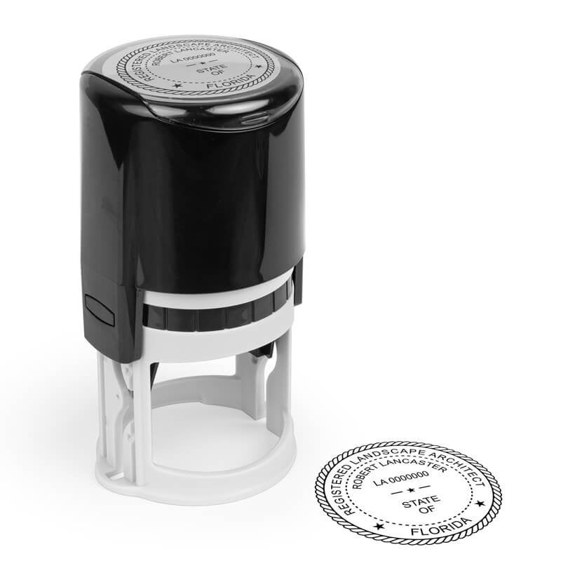 The State of Florida Landscape Architect Seal impression and a self-inking stamp on paper
