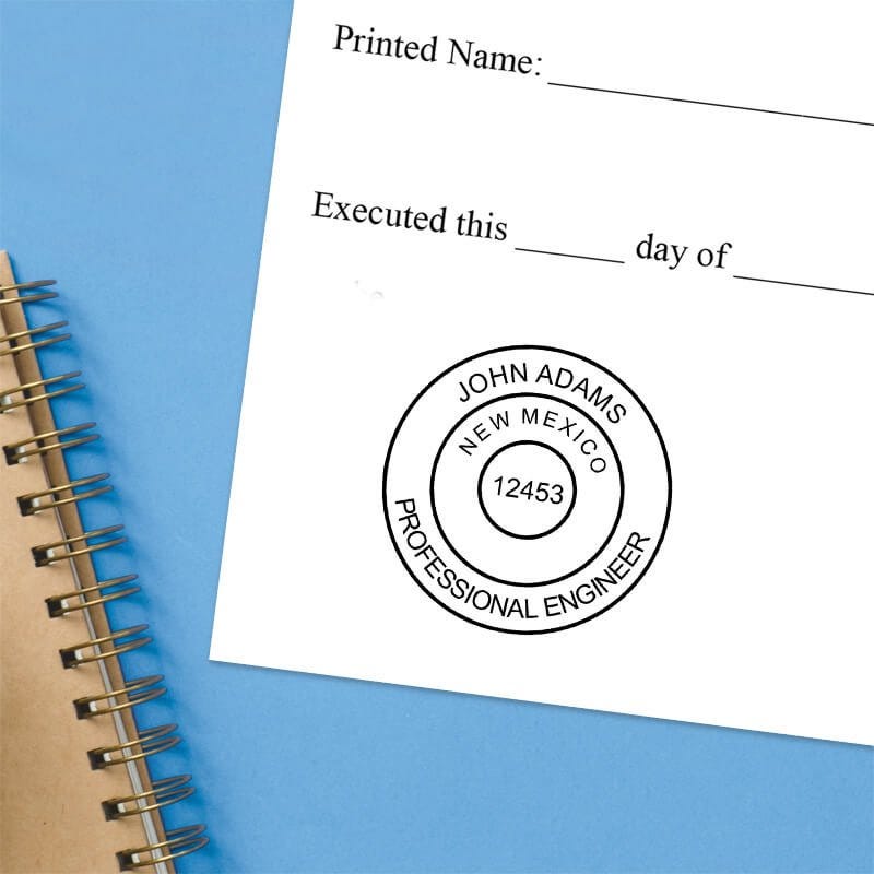 The State of New Mexico Engineer Seal impression at the bottom of a document with a blue background