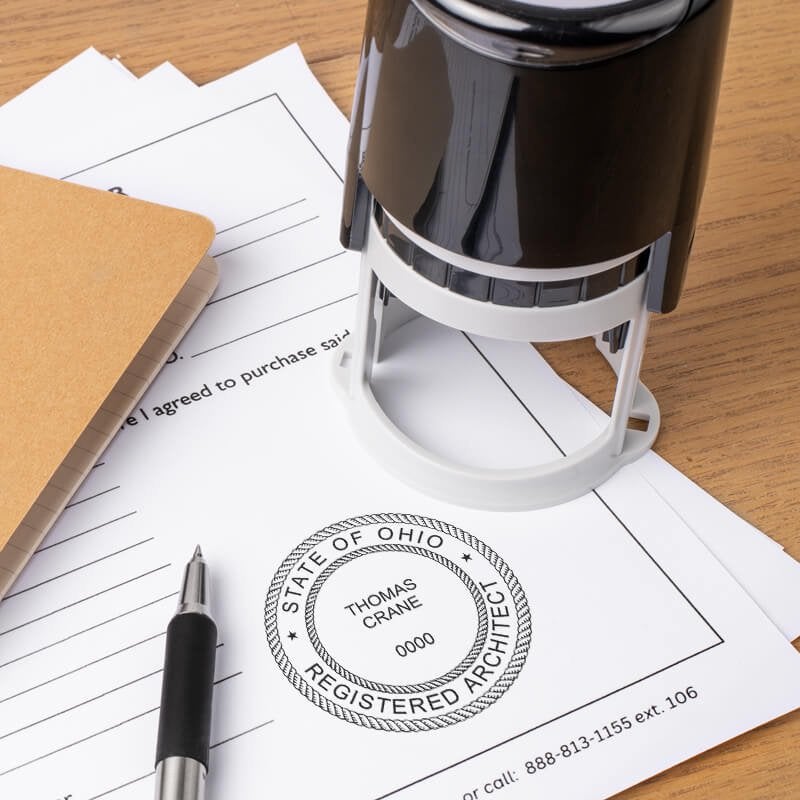 The State of Ohio Architect Individual Seal on a document next to the self-inking stamp