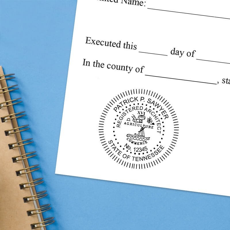 The State of Tennessee Architect Seal impression at the bottom of a document with a blue background