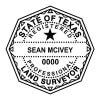 Texas land surveyor stamp design with octagonal border and center star, personalized with name and license number.