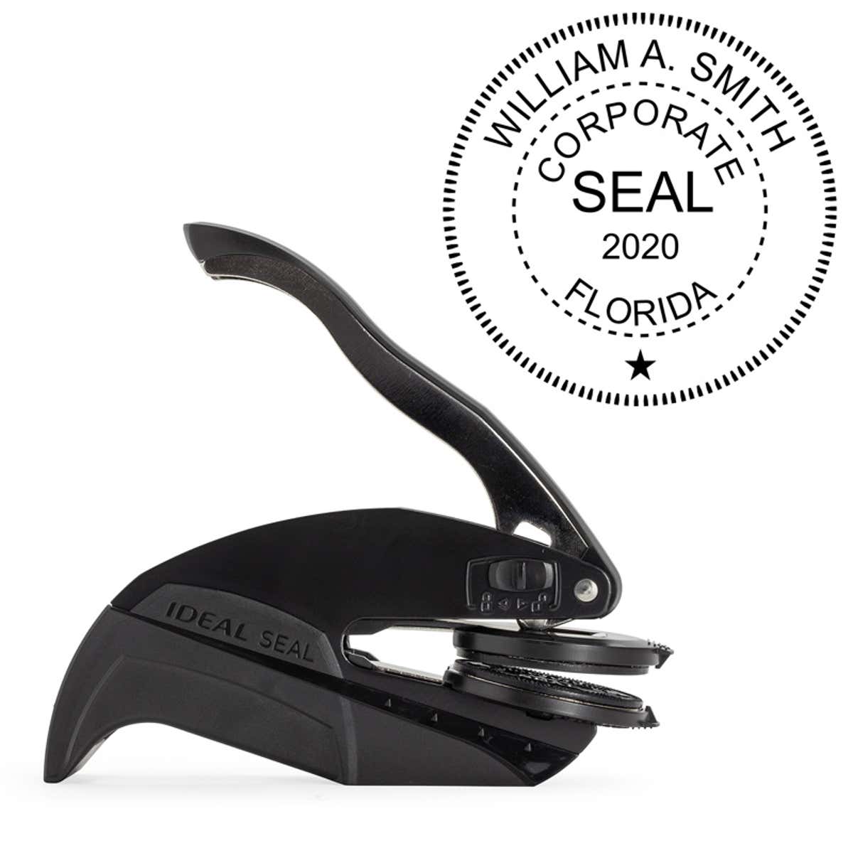 The Corporate Seal Embosser with Year is pictured with the Pocket Seal by Trodat.