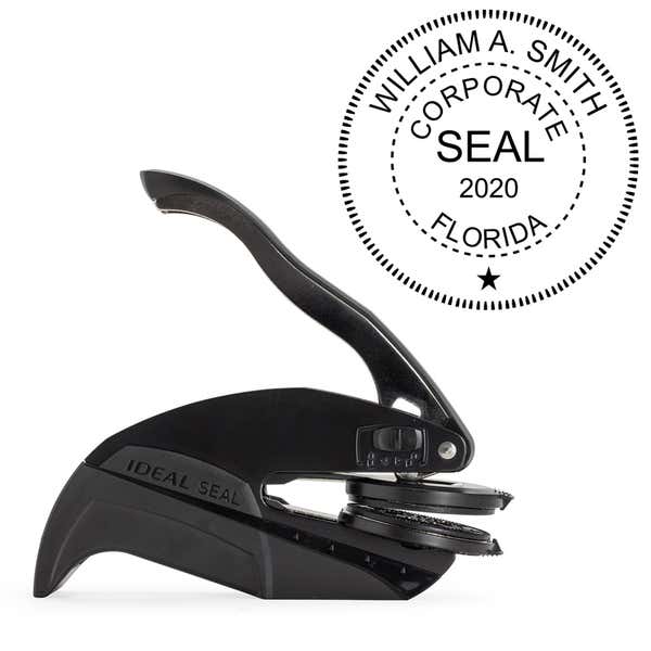 The Corporate Seal Embosser with Year is pictured with the Pocket Seal by Trodat.