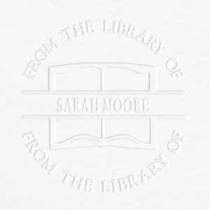 Example of From the Library Book Name Embosser Impression on Grey Background