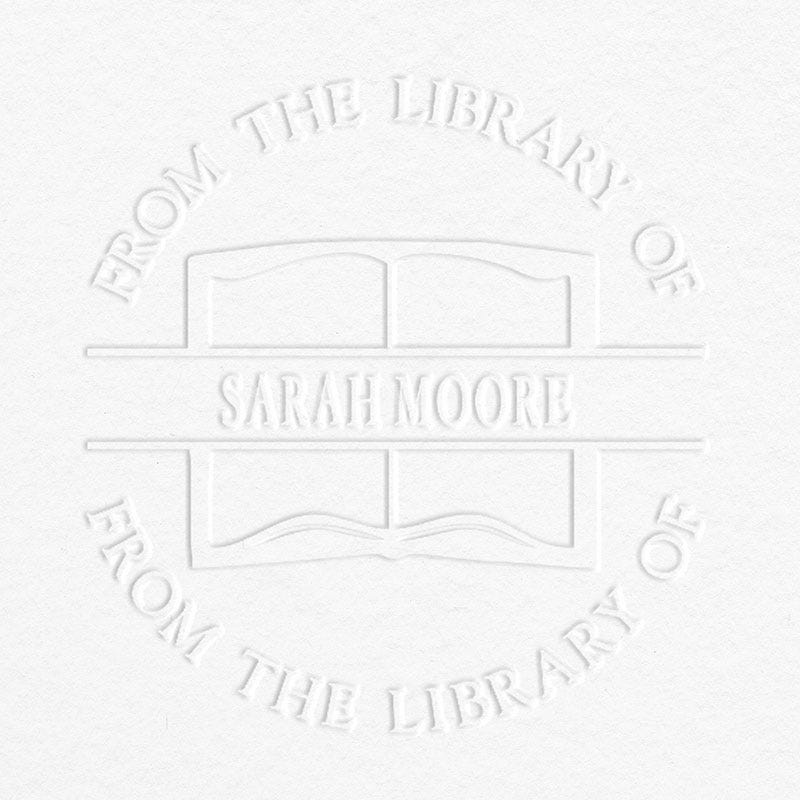 Example of From the Library Book Name Embosser Impression on Grey Background