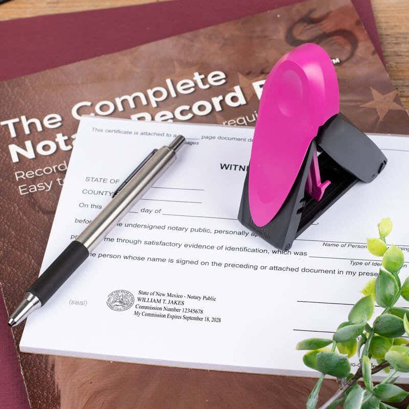 New Mexico Pink Rectangle Notary Pocket Stamp Opened on a Document 