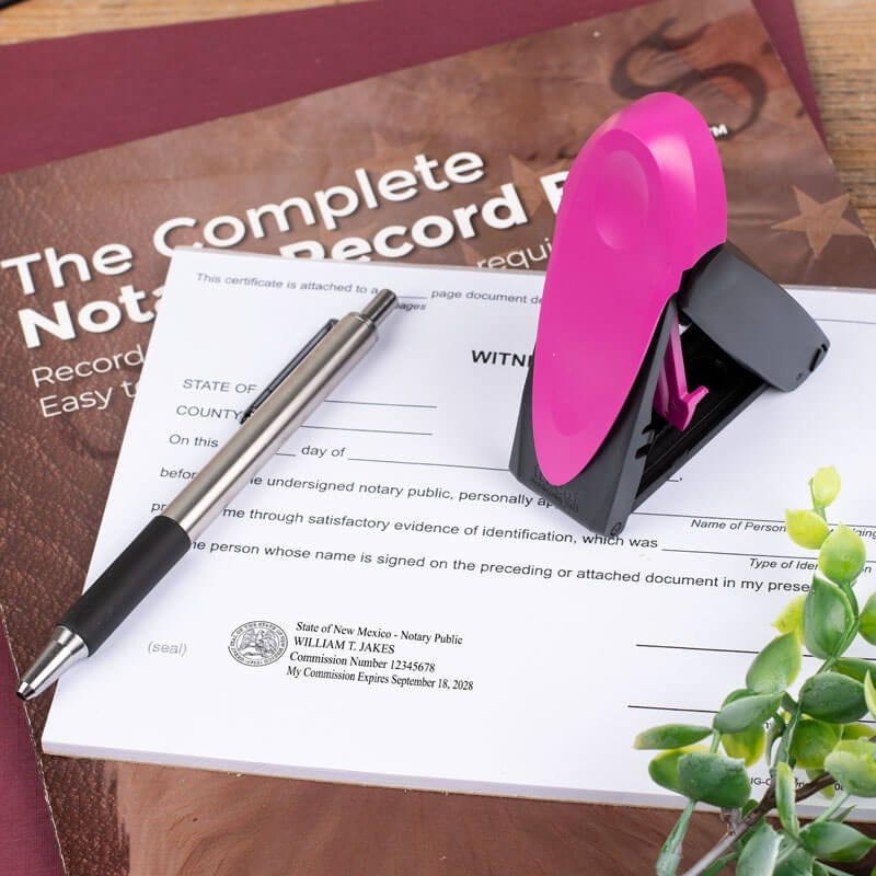New Mexico Pink Rectangle Notary Pocket Stamp Opened on a Document 