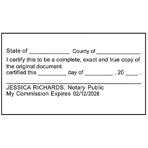 Certified True Copy Stamp for Notary Use Imprint Example