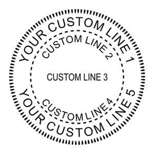 Custom 5 Line Round Border Design Stamp impression shown in black ink