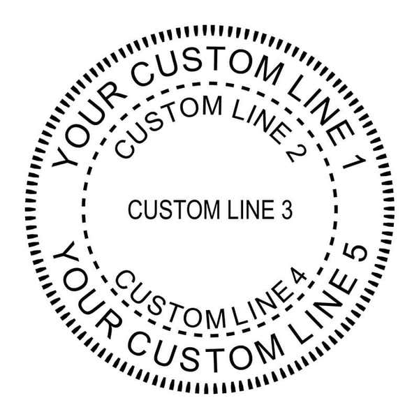 Custom 5 Line Round Border Design Stamp impression shown in black ink