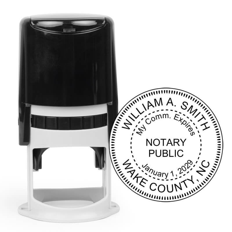 North Carolina self-inking notary stamp in a round design.