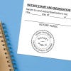 Notary seal on jurat form with blue spiral notebook on light blue background.