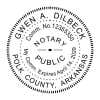 Arkansas notary public stamp featuring name, county, expiration date, and circular border design.