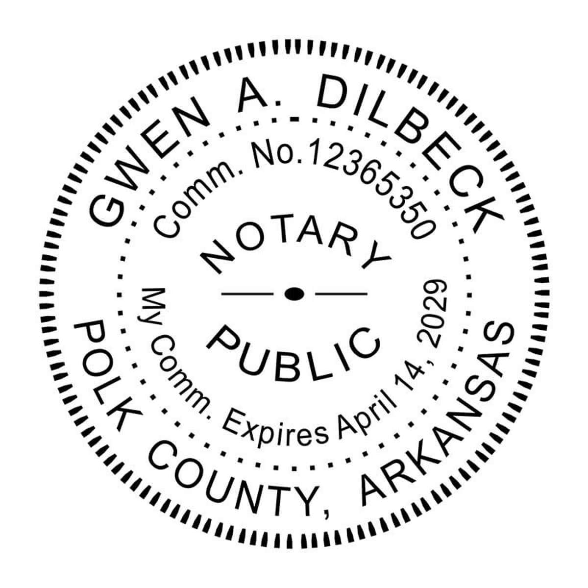 Arkansas notary public stamp featuring name, county, expiration date, and circular border design.