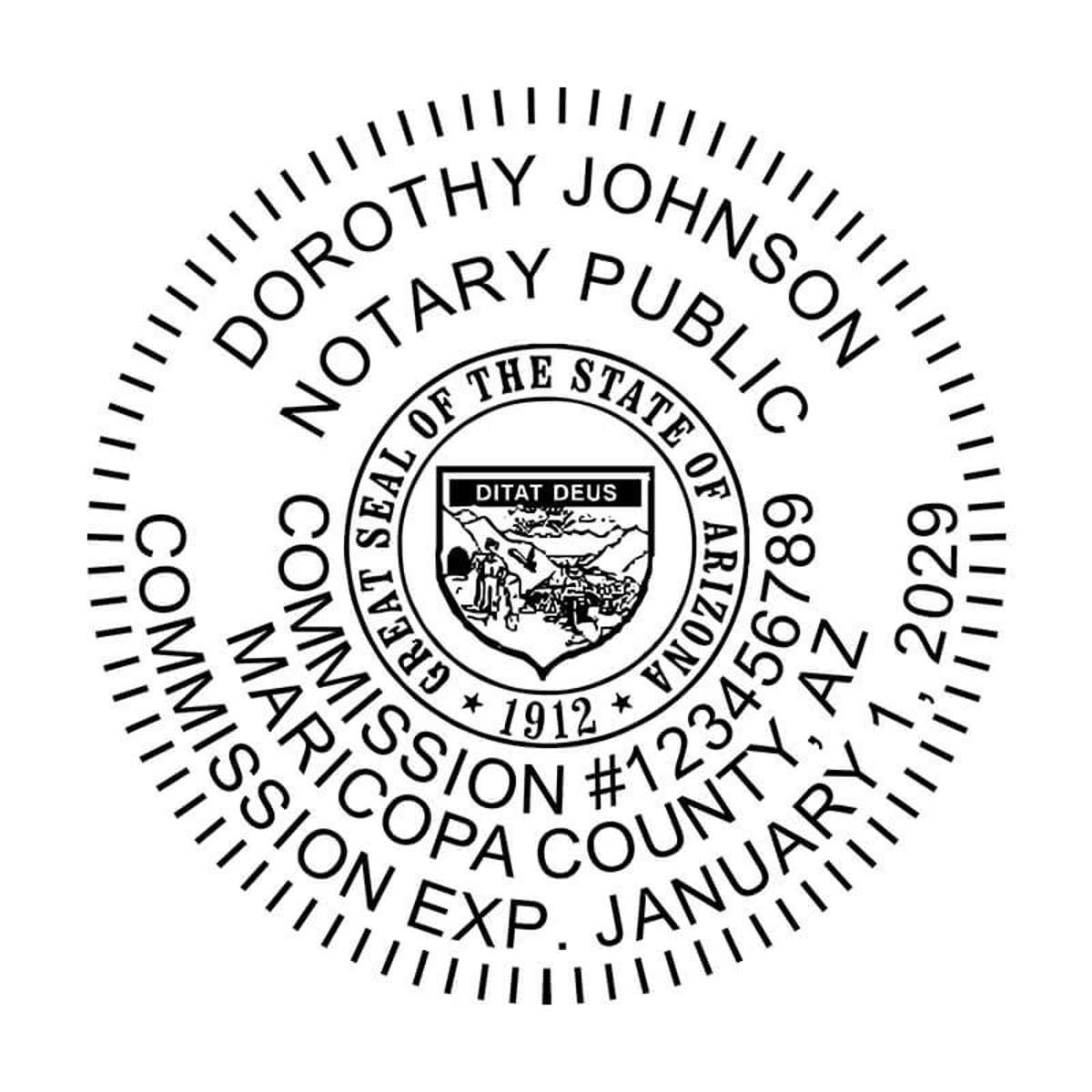 Arizona notary public seal with commission number, county, and expiration date in a circular layout.