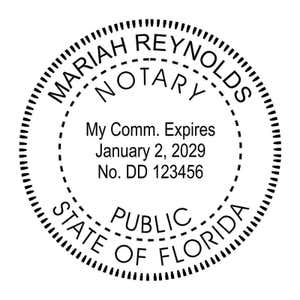 Florida notary public stamp with name, commission expiration, and circular seal layout.
