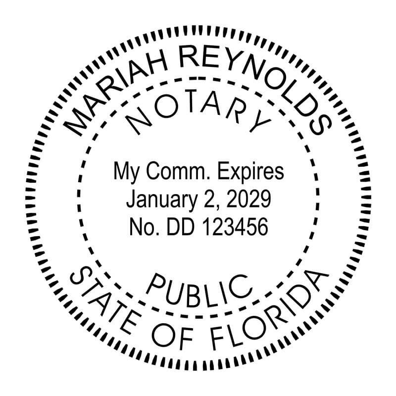 Florida notary public stamp with name, commission expiration, and circular seal layout.