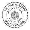 Maine notary public stamp with state seal, expiration date, and circular text layout.
