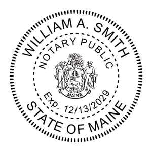 Maine notary public stamp with state seal, expiration date, and circular text layout.