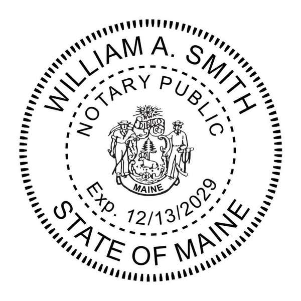 Maine notary public stamp with state seal, expiration date, and circular text layout.